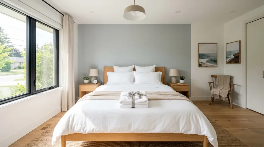 Prepared guest bedroom with white bedding and folded towels on the bed