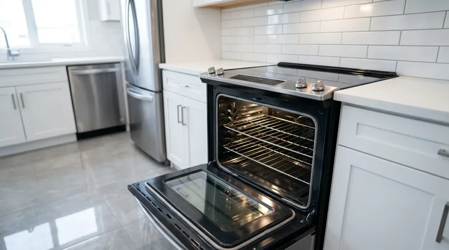 Clean kitchen with open oven door and polished stainless steel appliances