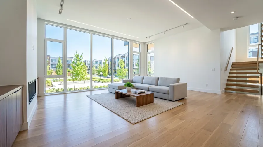 Empty sunlit room with clean hardwood floors and large windows